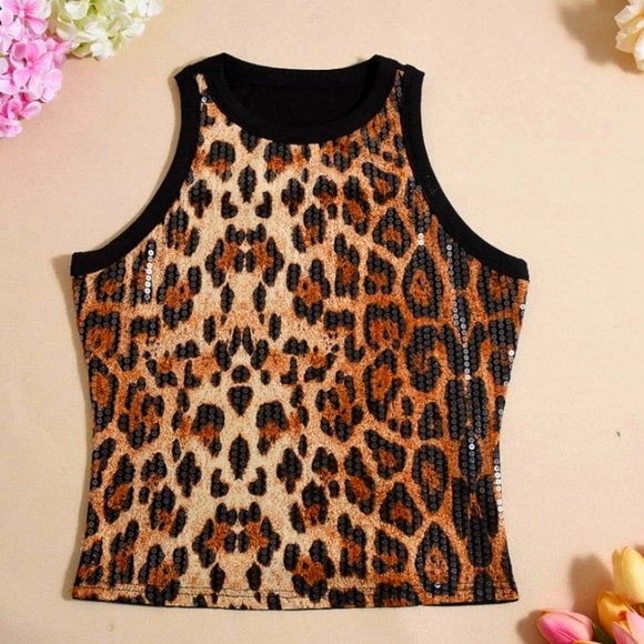 Novoarily Tops - Brown and Tan Fitted Sequin Crop Tank Top